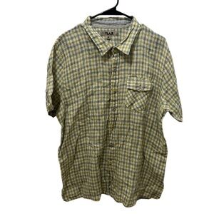 Men’s Flax Yellow Plaid Linen Button Down Shirt Size Medium